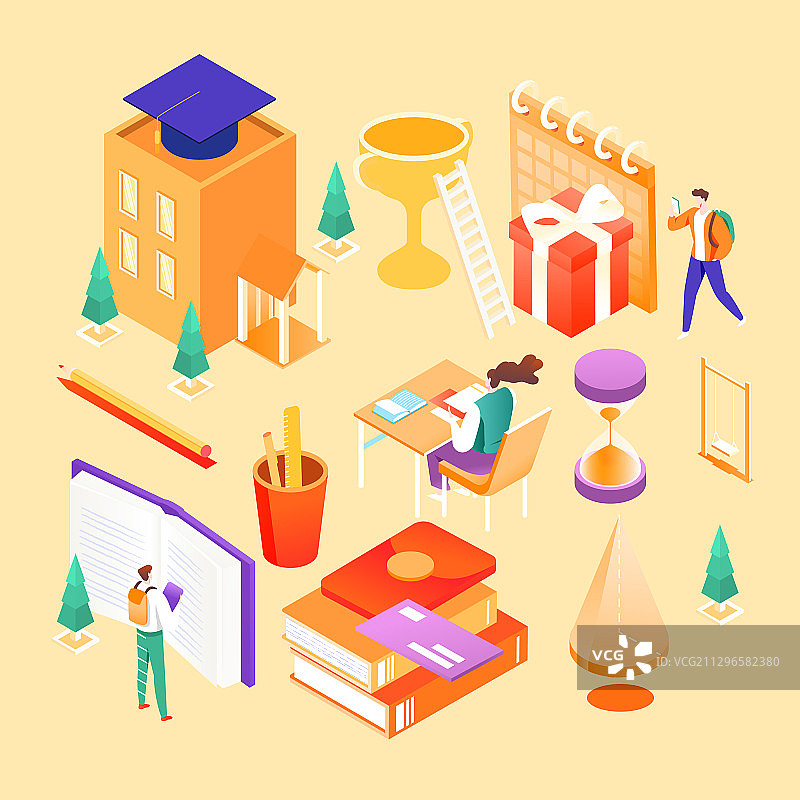 卡通2.5D等距微立体课堂在线教育学习读书新学期开学矢量插画图片素材