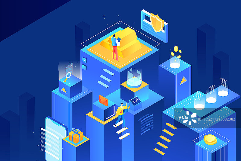 卡通2.5D等距微立体互联网金融商务房地产科技办公矢量插画图片素材