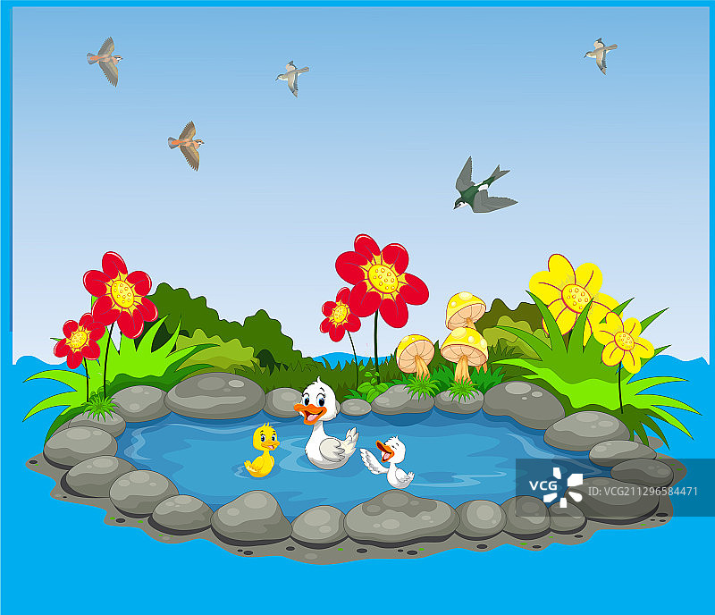 小鸭、鸟和鲜花水主题图片素材