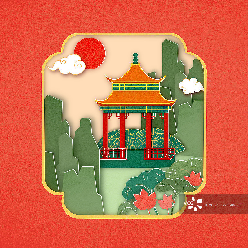 剪纸风格凉亭插画图片素材