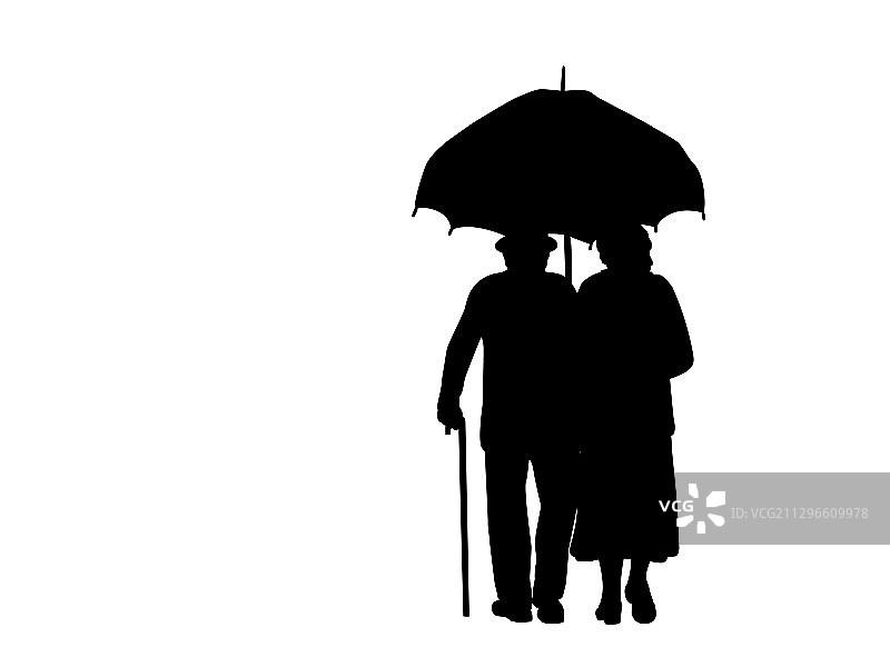 祖父母在雨伞下行走剪影图片素材