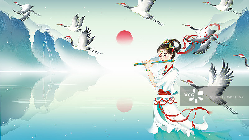 芦苇中仙女吹笛中国风手绘插画图片素材