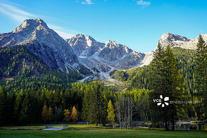 带森林的山地景观，拉森-安托尔茨，意大利图片素材