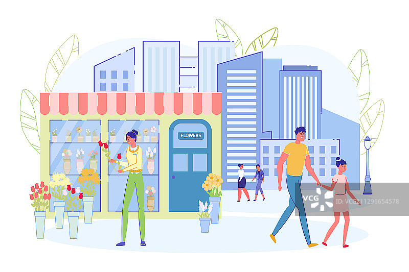 花店女孩在街边花亭外图片素材