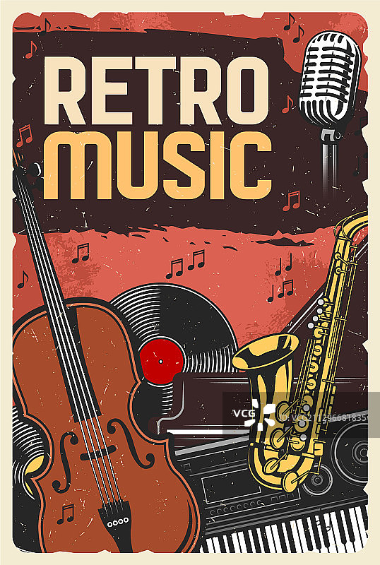 复古音乐海报乐器和黑胶唱片图片素材