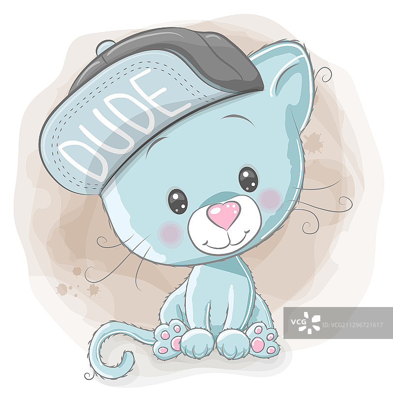 戴着蓝色帽子的小猫，米色背景图片素材