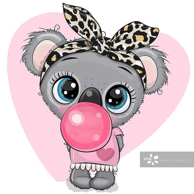 卡通考拉女孩，带蝴蝶结和泡泡糖图片素材