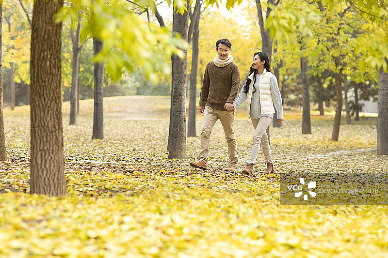 快乐的年轻情侣在树林散步图片素材