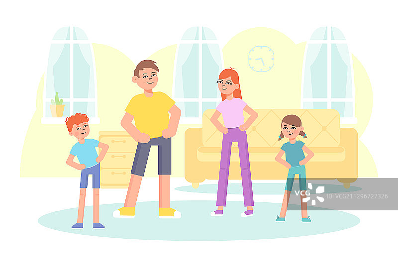 幸福家庭在家做早操图片素材