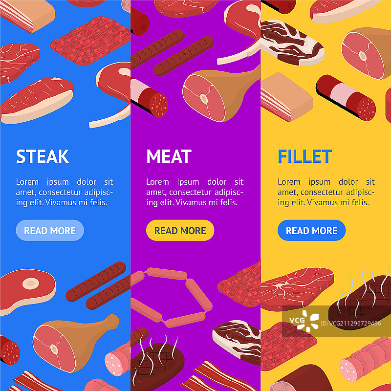 3D等距肉类概念banner垂直套装图片素材