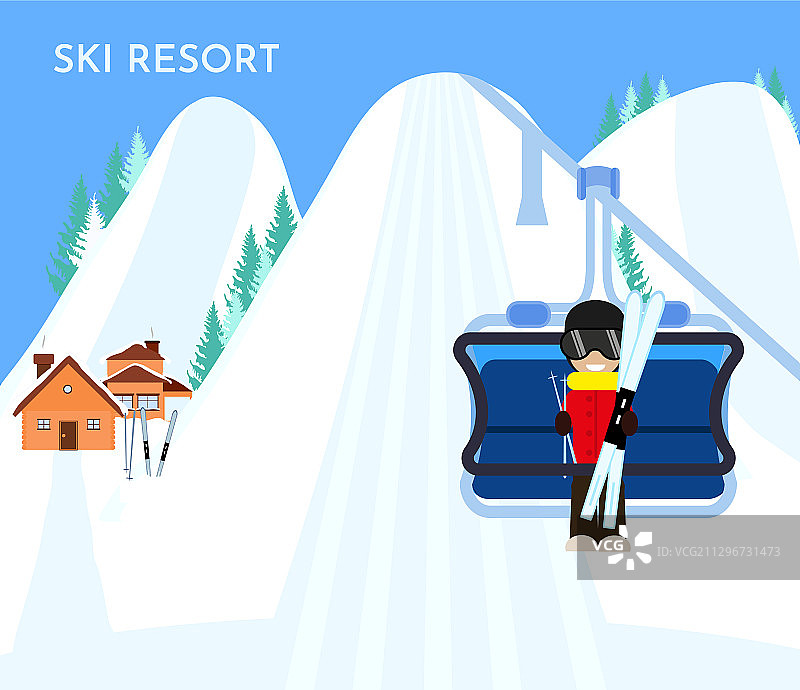 带有升降机、滑雪者、山脉和雪的滑雪胜地图片素材
