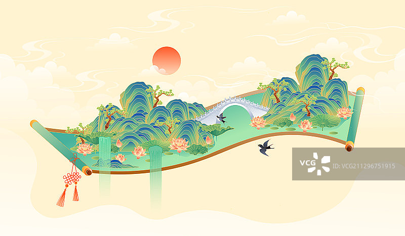 国潮风山水风景矢量插画图片素材