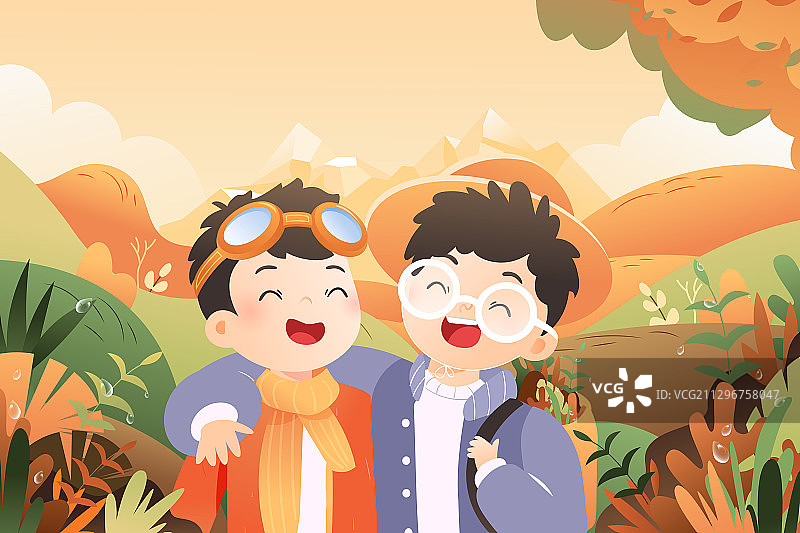 卡通寒露霜降二十四节气儿童亲子游女孩秋游出游旅行秋季矢量插画图片素材