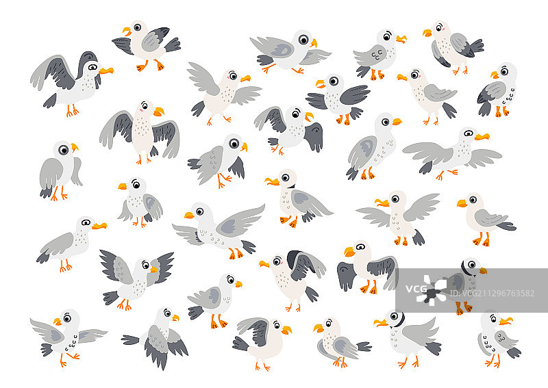 白色背景上的一组海鸥卡通形象图片素材