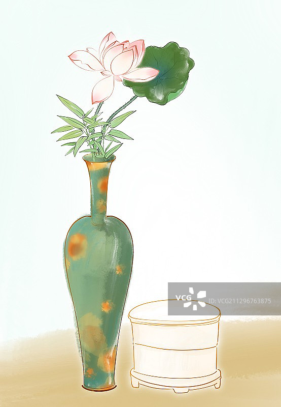 古典美学插画古风插画静物插花秋季枯萎的荷花与竹子图片素材