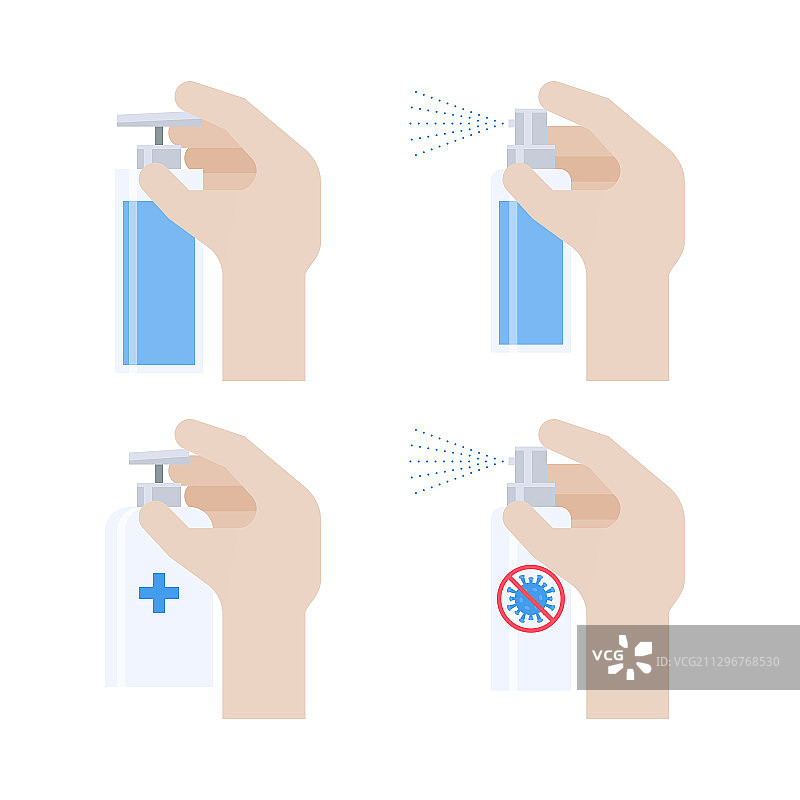 手与喷瓶或洗手液图标设置图片素材