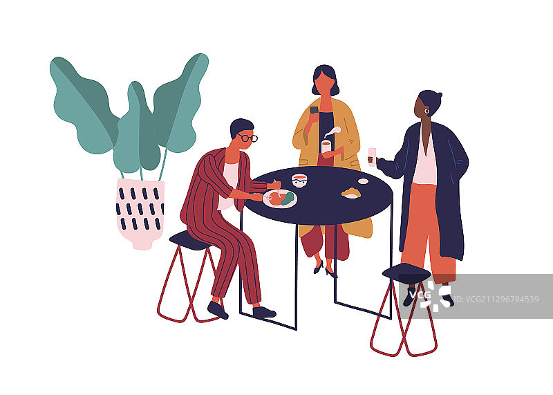 卡通朋友们在自助餐厅一起享用午餐图片素材