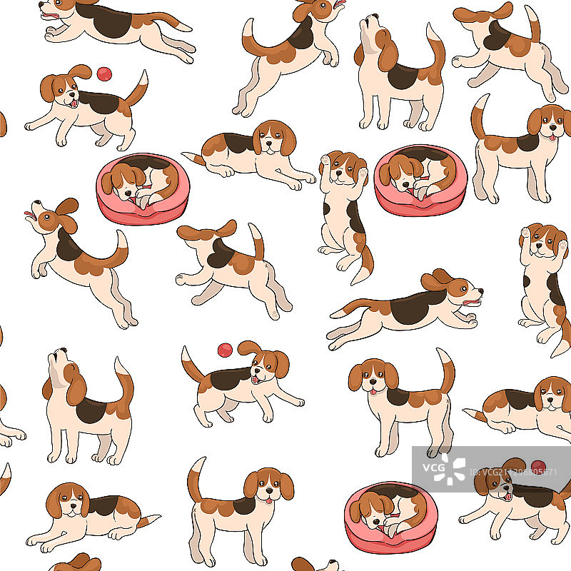 不同姿势的比格犬无缝图案图片素材