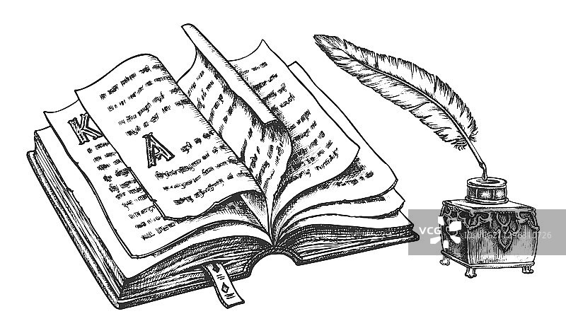 带有墨水和羽毛的打开的书本素描图片素材