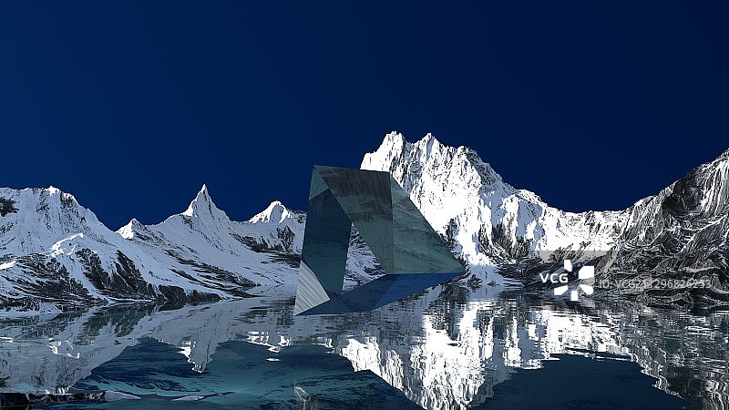 3D渲染雪山湖泊中的一枚棱镜图片素材