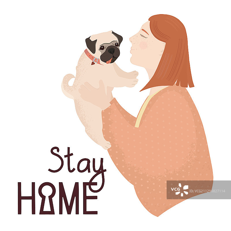 红发女孩抱着哈巴狗图片素材