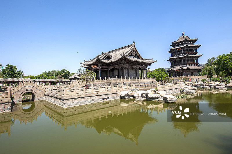 西省晋中市榆次老城凤鸣书院砚水湖畔成化堂与藏书楼图片素材