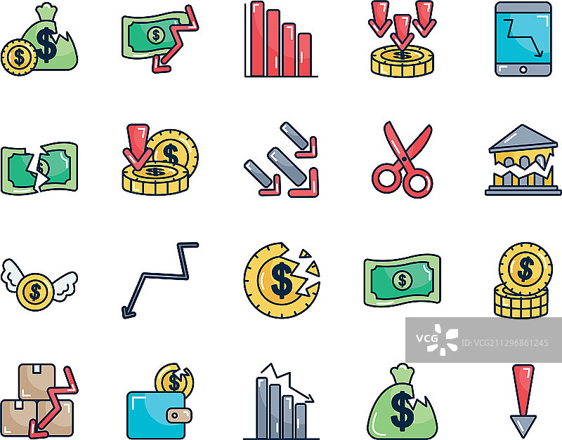 金融箭头和经济衰退图标集图片素材