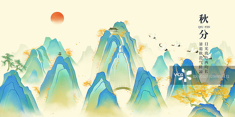 中国风秋天古典唯美山水画图片素材