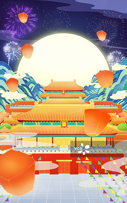 国庆中秋节庆典金碧辉煌的宫殿海报插画图片素材