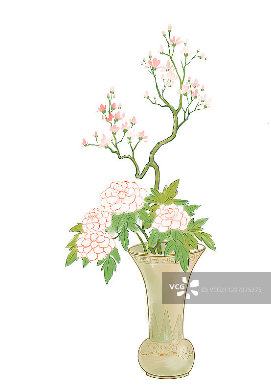 古典美学插画古风插画静物插花芙蓉花图片素材