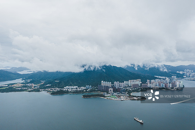 航拍香港沙田马沙田海，马料水，城门河，阴天，云海图片素材