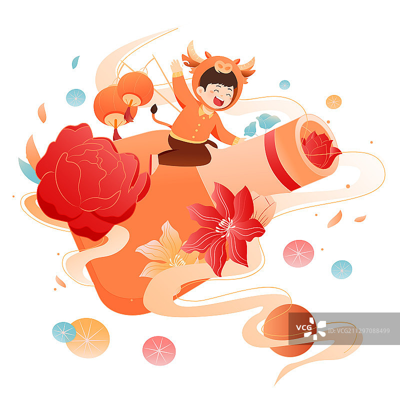 卡通购物节花卉新年年货节春节牛年快乐吉祥物中国风背景矢量插画图片素材