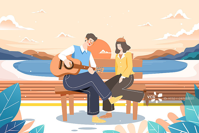 卡通情侣约会旅行青年秋季踏秋出游自然风景旅途矢量插画图片素材