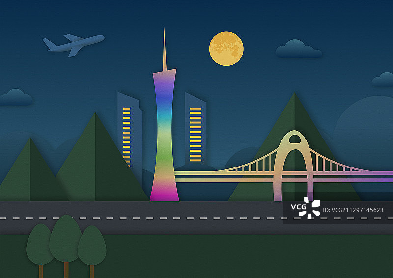 广州地标建筑中秋夜景剪纸插图图片素材