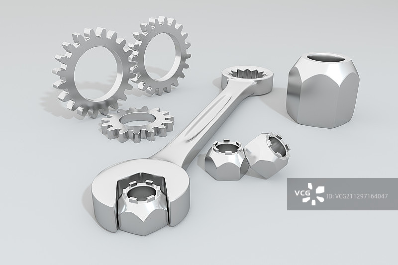 3D机械齿轮和扳手场景图片素材