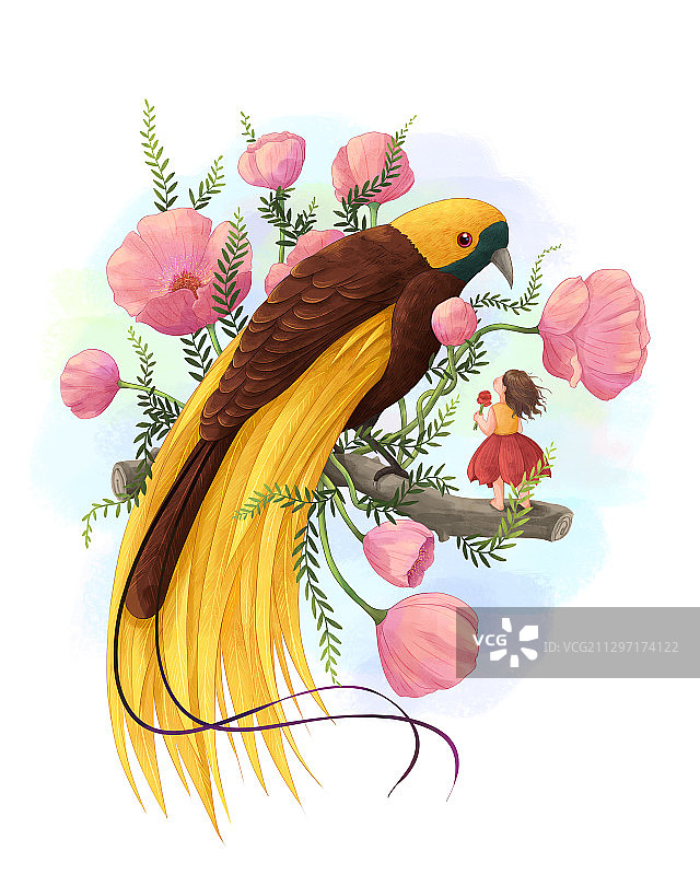 儿童与鸟花卉唯美系列插画二图片素材