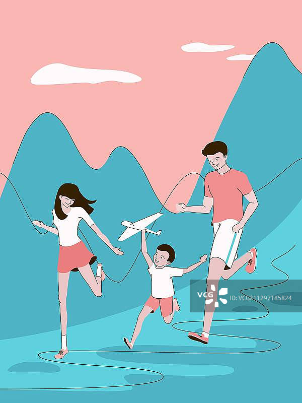 年轻夫妻和儿童户外奔跑矢量图图片素材