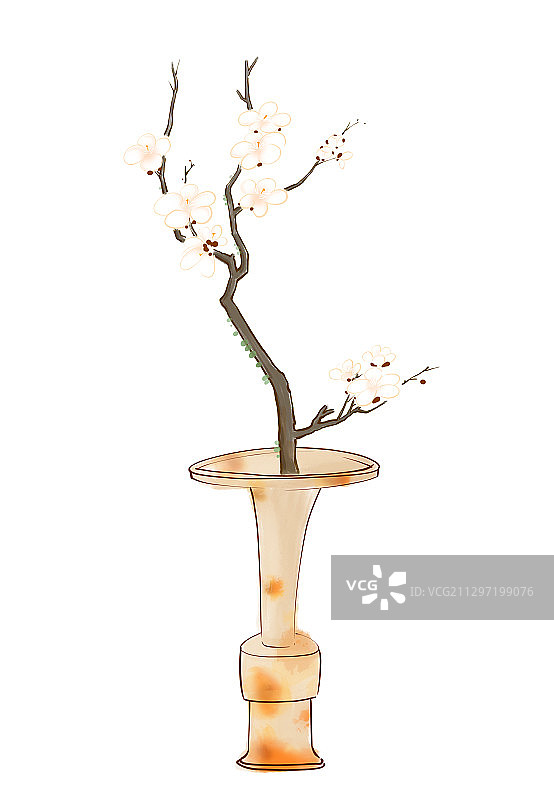 古典美学插画古风插画静物插花梅花古瓶图片素材