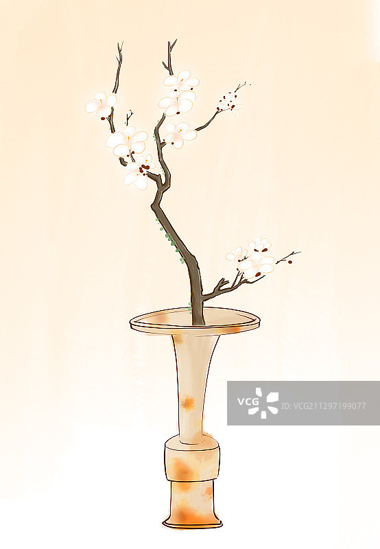 古典美学插画古风插画静物插花梅花古瓶图片素材