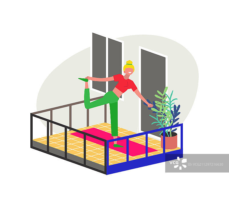 年轻女人在阳台上做瑜伽图片素材