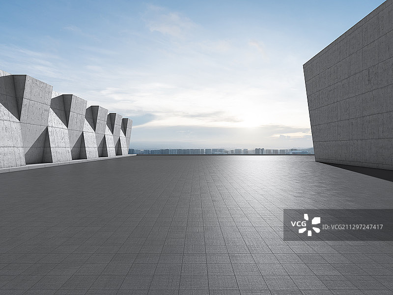 三维制作的混凝土几何建筑结构和有高光的地面图片素材