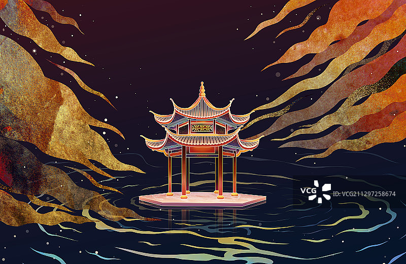 中秋节中国风山水凉亭月亮插画图片素材