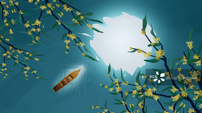 中秋桂花树下湖面上圆月的倒影和小船图片素材