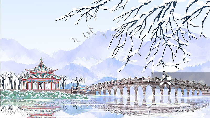 冬天北京颐和园十七孔桥中国风雪景水墨插画图片素材