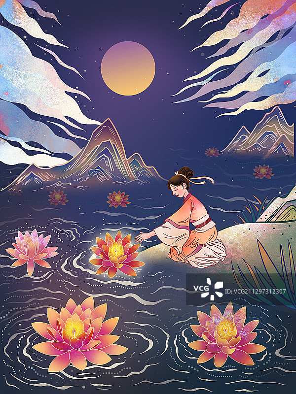 中元节放河灯的女子国风插画图片素材