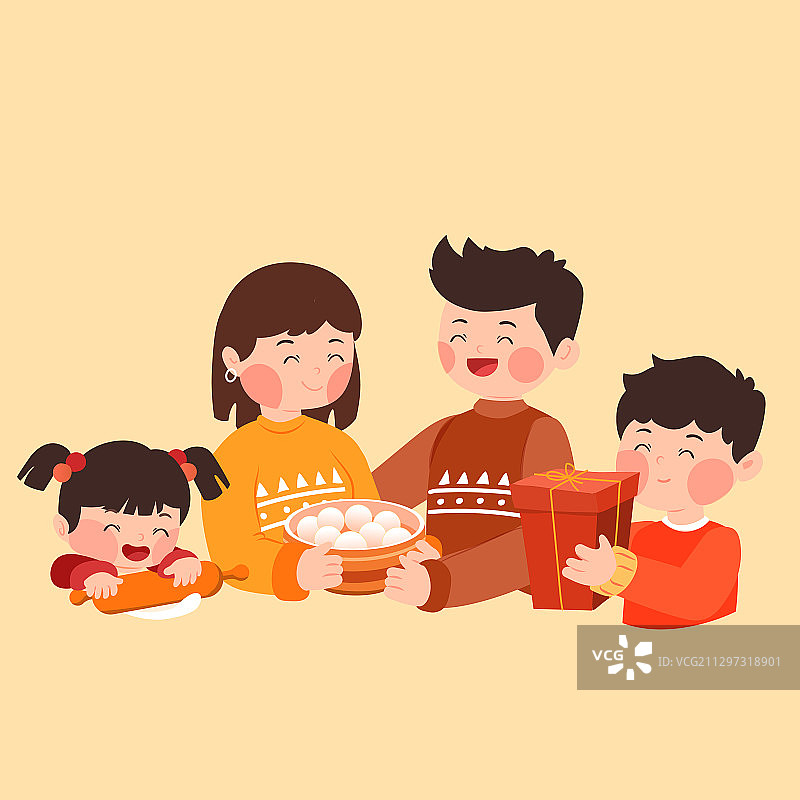 卡通冬至立冬饺子汤圆家人家庭团圆亲子活动冬天中国风矢量插画图片素材