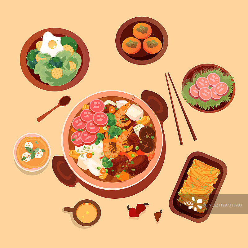 卡通美食健康火锅养生秋季时令食物周年庆购物电商活动矢量插画图片素材
