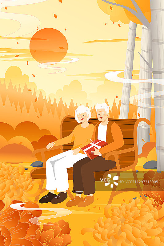 卡通重阳节老年夫妻登高出游旅行旅游秋游踏秋矢量插画图片素材