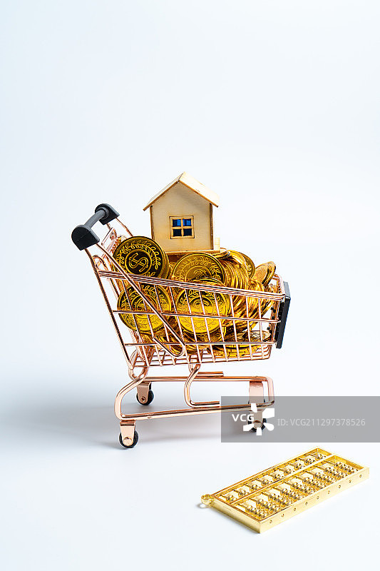 购物车金币与小房子模型，房价概念图片素材