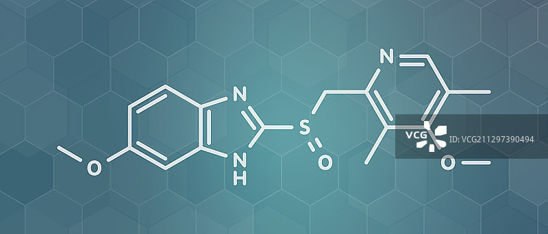 奥美拉唑消化不良和消化性溃疡药物分子模型图片素材
